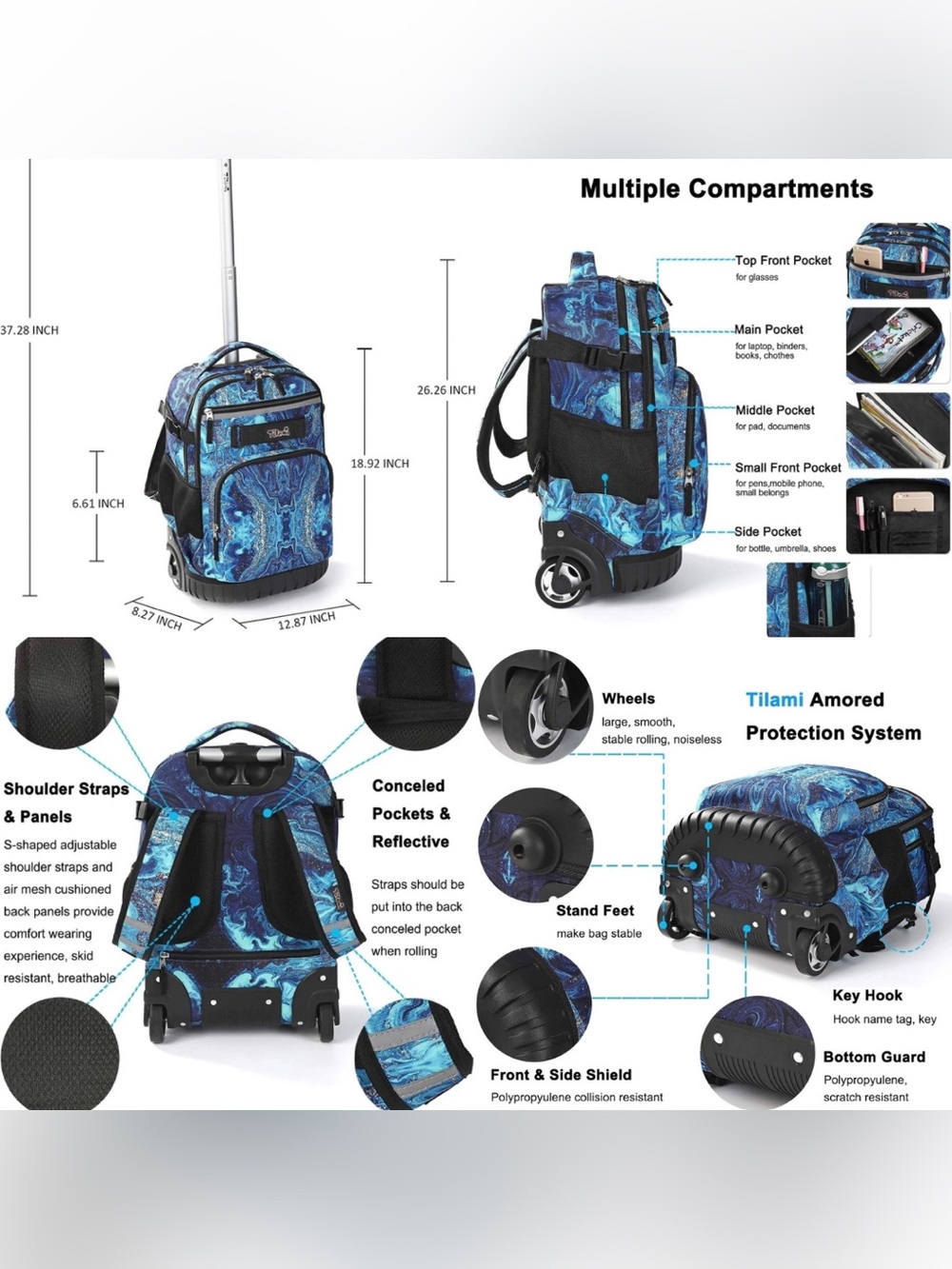 Rolling Backpack Lunch Bag Set Blue Wave Wheeled Laptop School Travel 19" Unisex - Picture 13 of 14